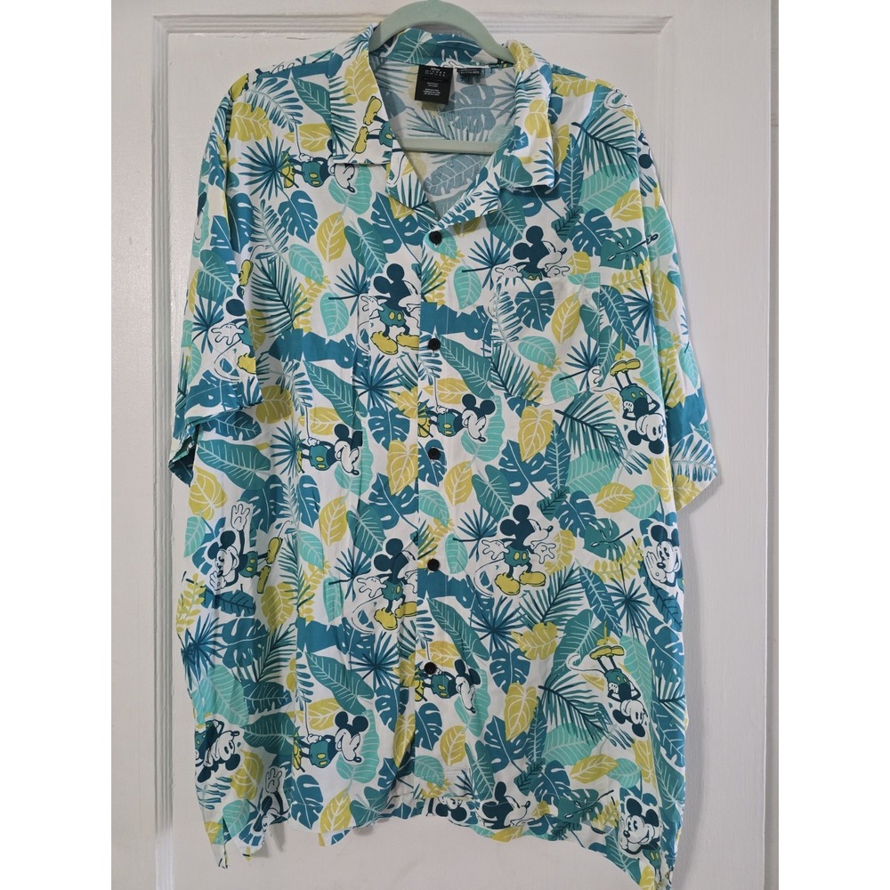 Disney Mickey Mouse Tropical Hawaiian Shirt Mens XXL Teal Green Rayon Camp Top